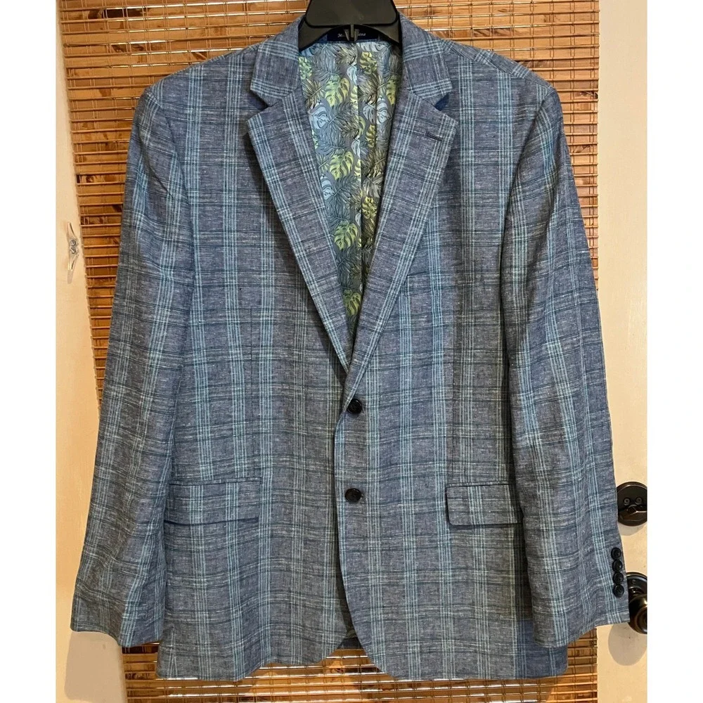 Alan Flusser Mens 44R Blue Plaid Linen Blend Sport Coat Blazer Tropical Preppy